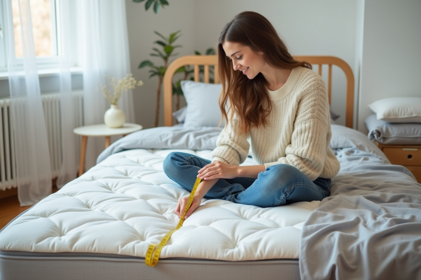 Jeune femme compare un matelas avec un ruban de mesure dans une chambre lumineuse