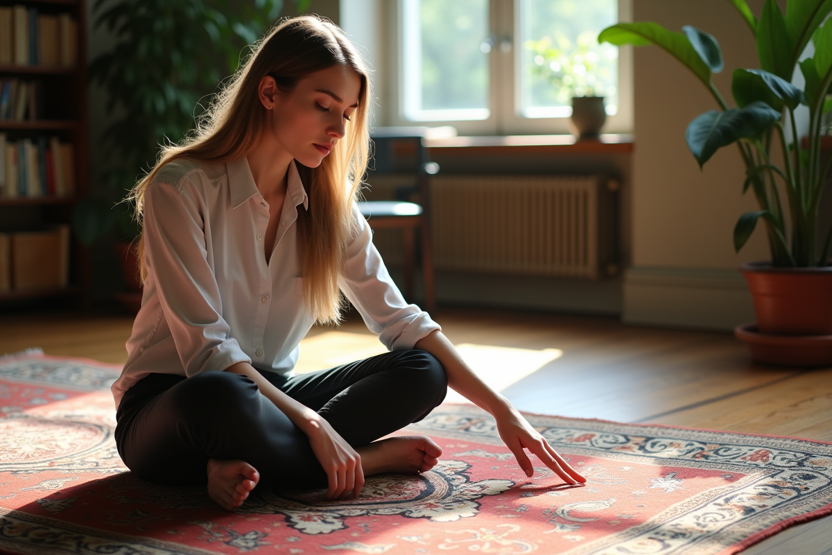 Jeune femme pointant un tapis avec motifs numériques