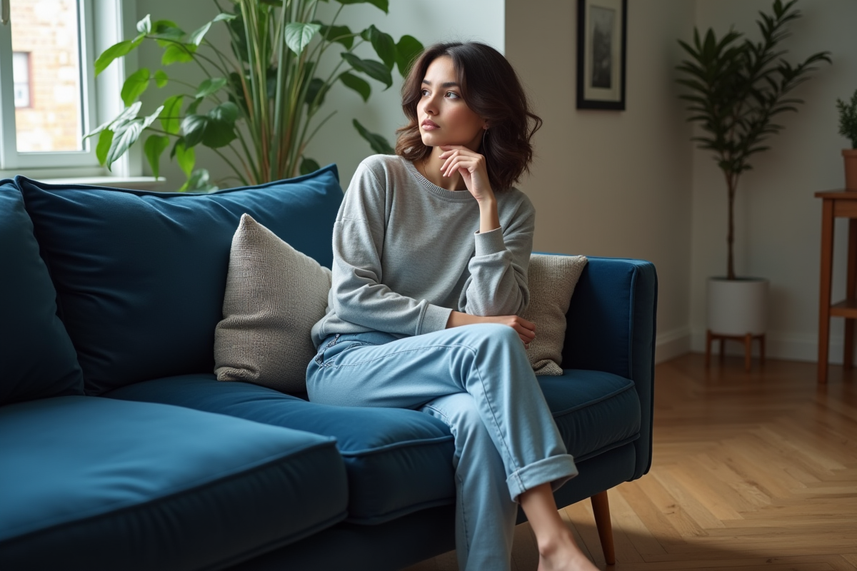 Jeune femme en sofa velours bleu dans un salon moderne