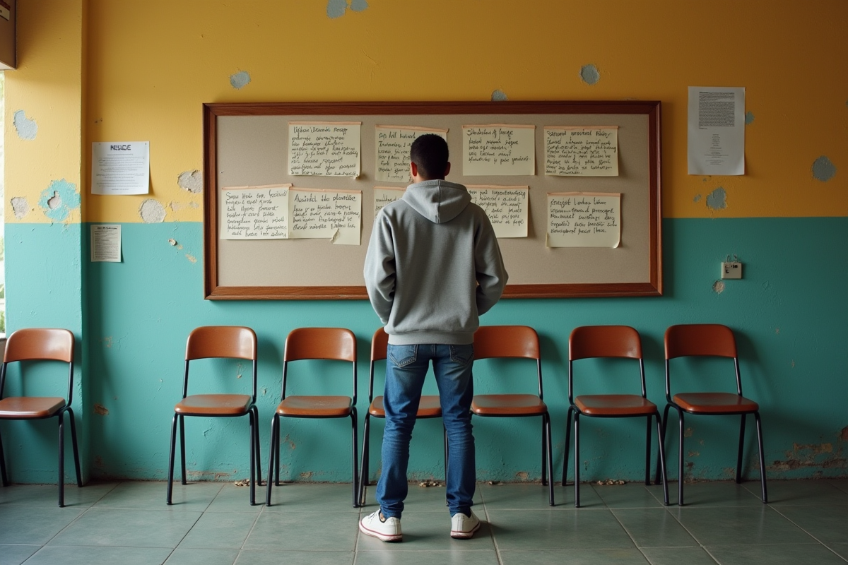 Jeune homme regardant une affiche de meubles gratuits dans un centre communautaire