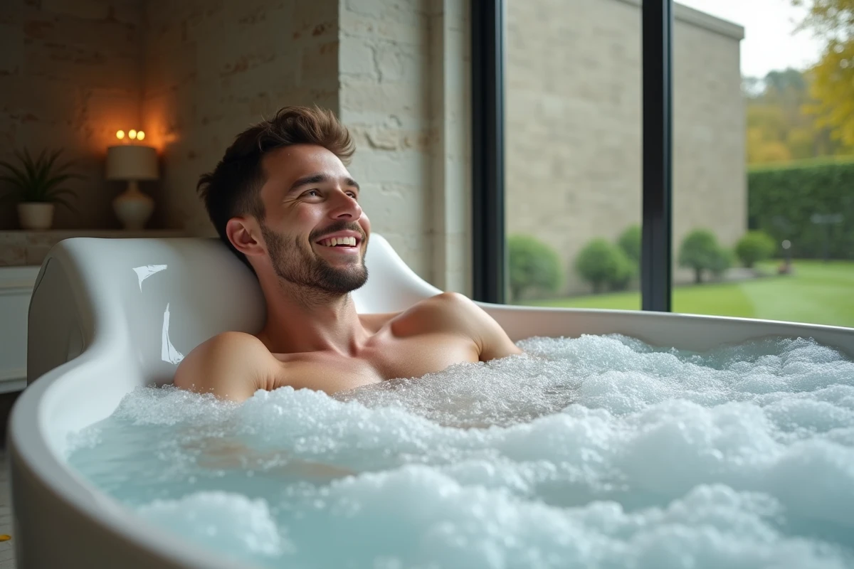 Jeune homme souriant dans un bain à remous avec vue jardin