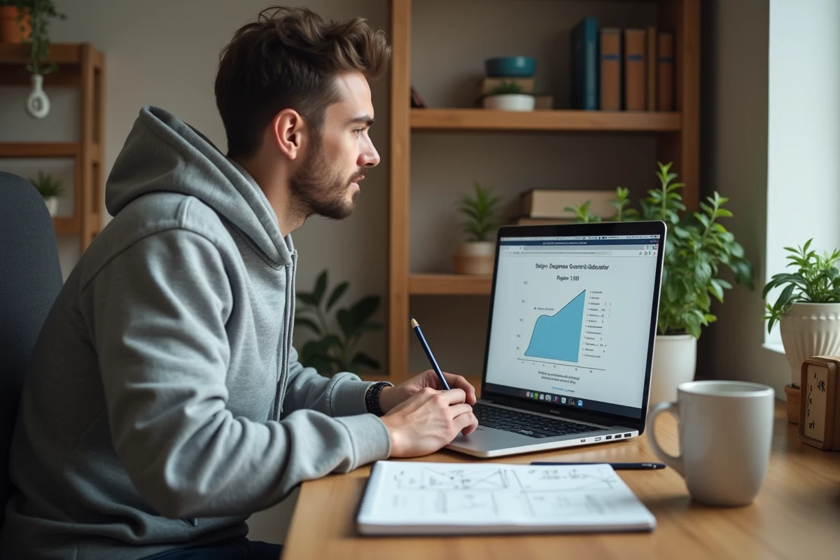 Jeune homme utilisant un convertisseur pente degré en ligne sur ordinateur portable avec des calculs manuscrits dans un bureau à domicile