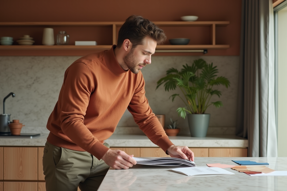 Jeune homme choisissant des échantillons dans la cuisine