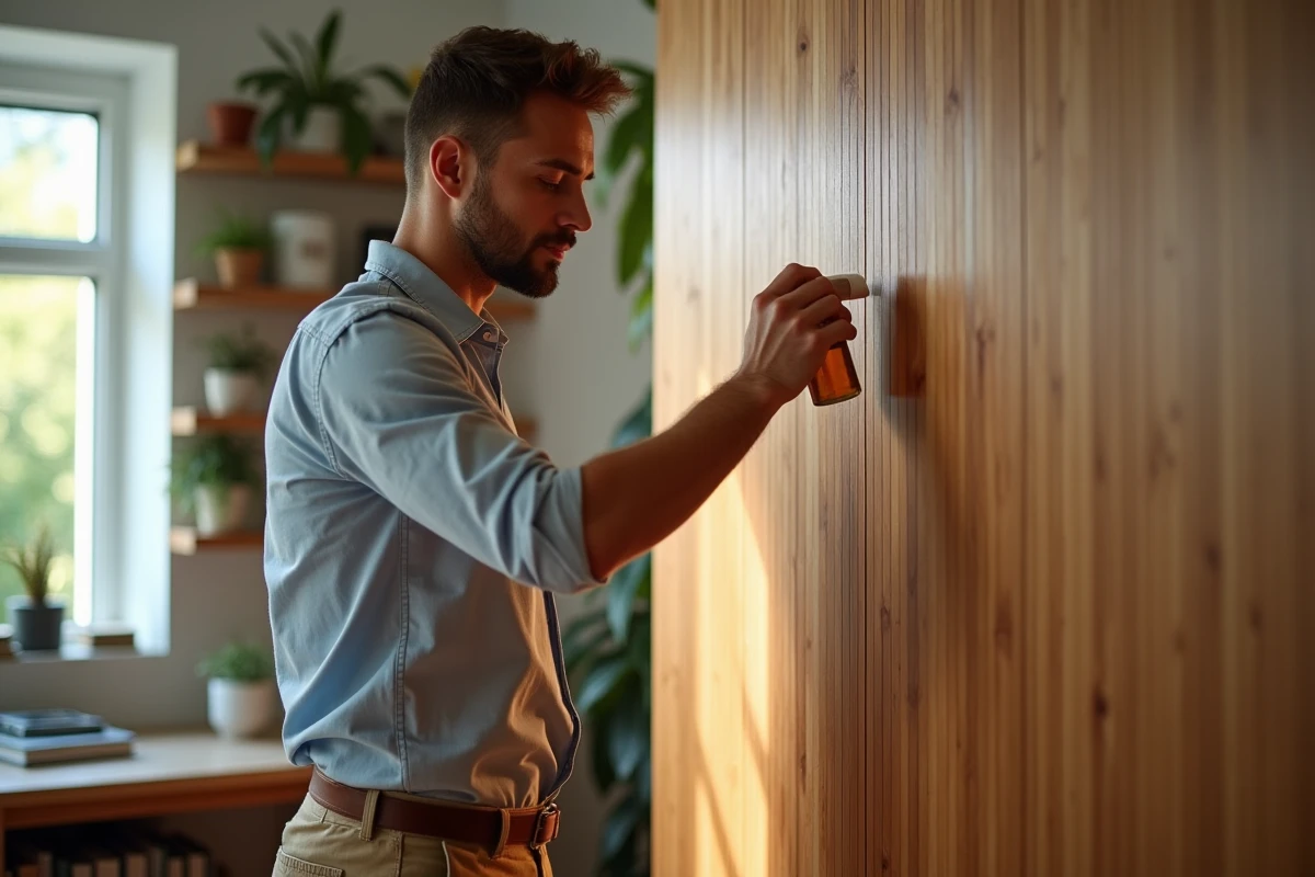 Jeune homme appliquant une huile sur un mur en bois dans un bureau