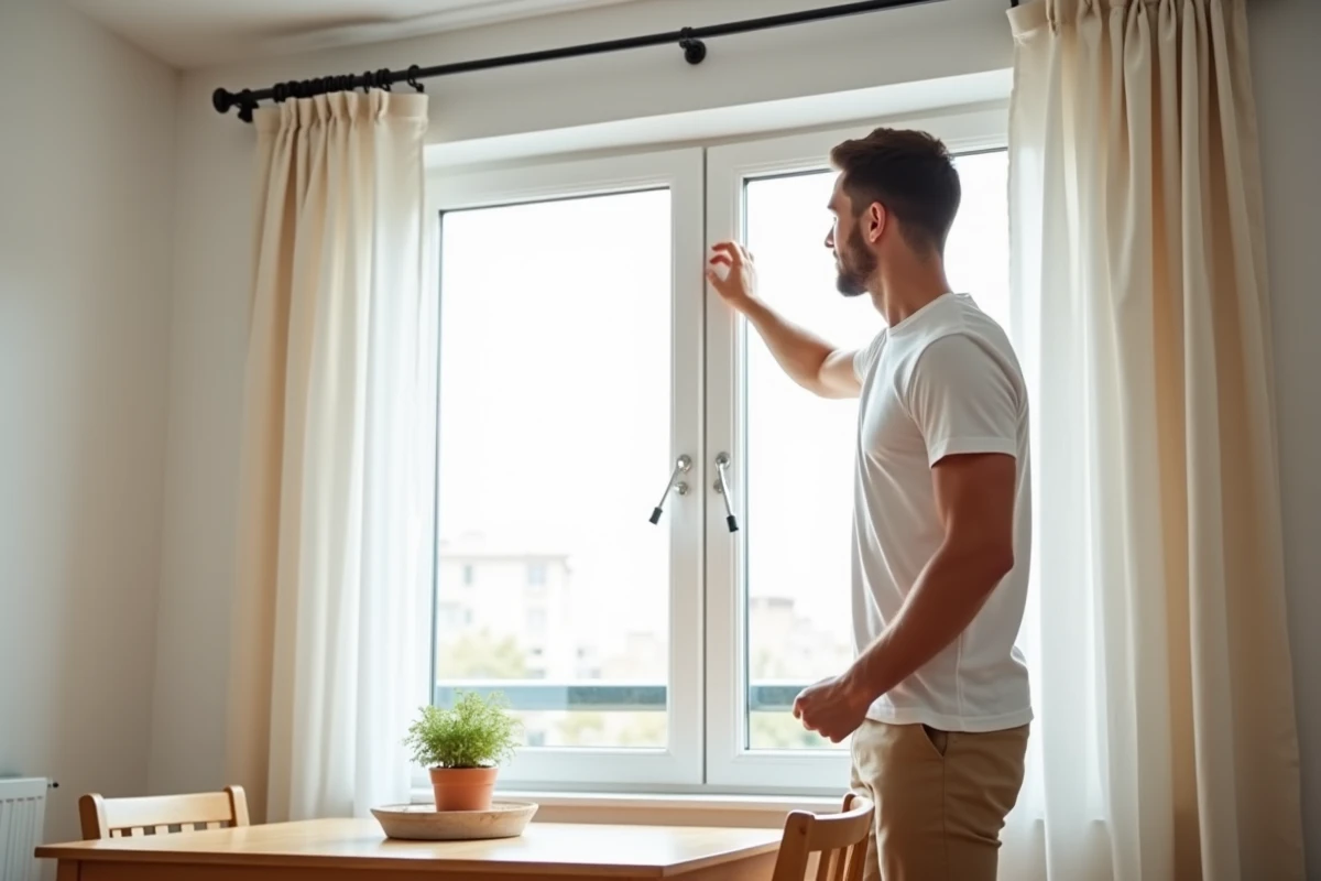 Jeune homme installant un rideau sans dommage