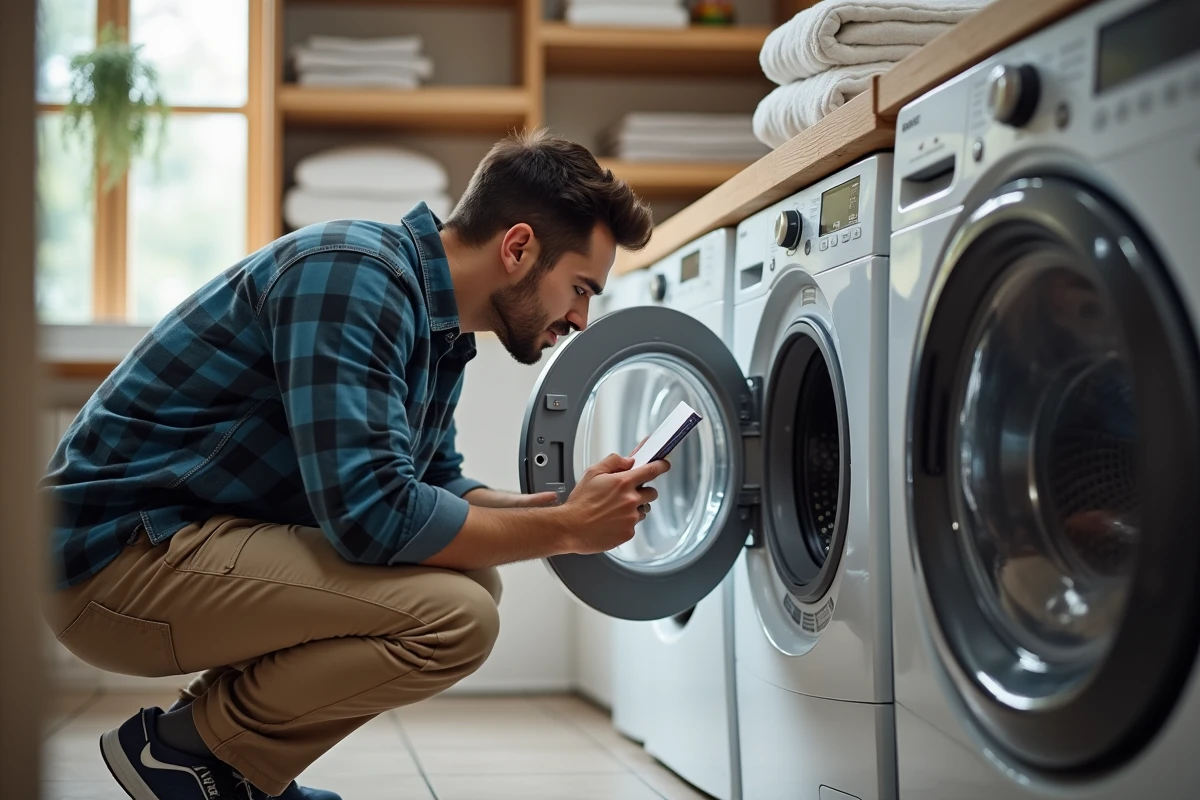 Jeune homme inspectant une machine à laver dans la buanderie