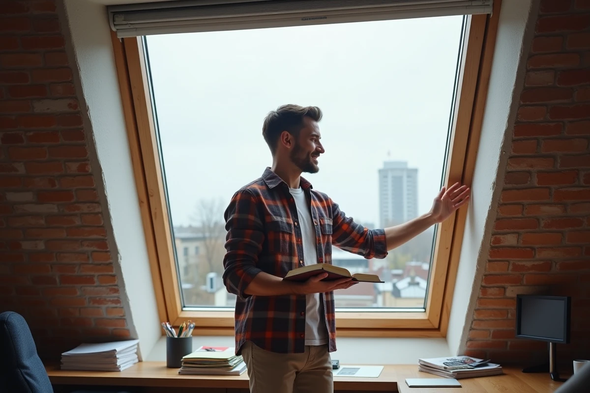 Jeune homme ouvrant une fenêtre de toit dans un bureau
