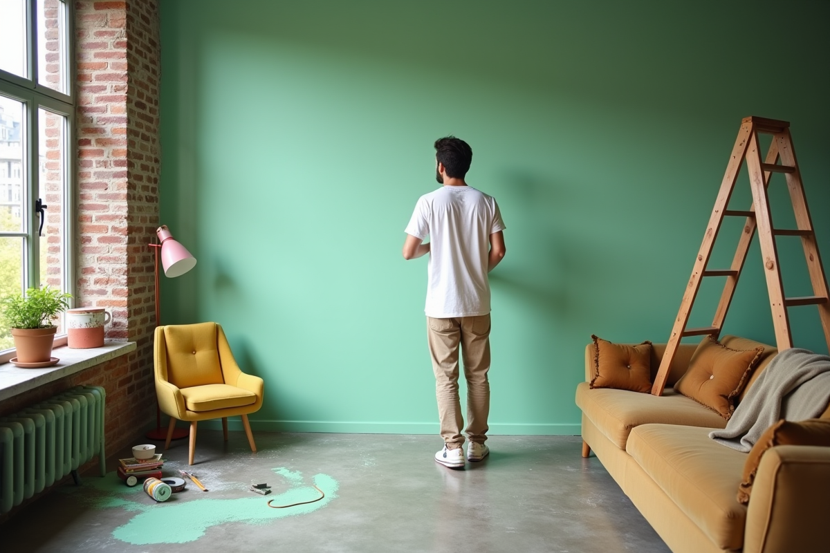 Jeune homme peignant un mur vert dans un appartement lumineux