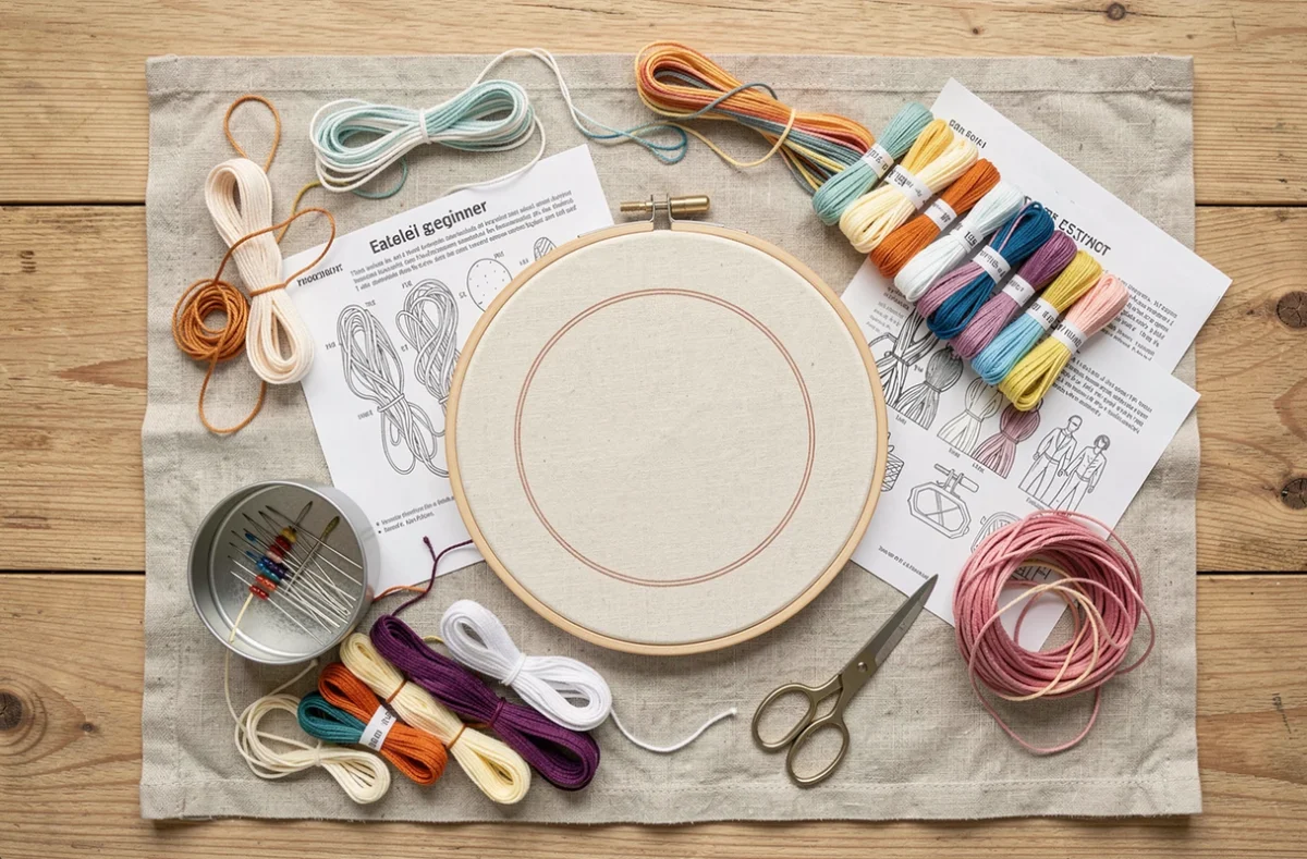 Kit complet de broderie pour débutants avec tambour en bois, fils colorés, aiguilles et patron imprimé sur tissu lin