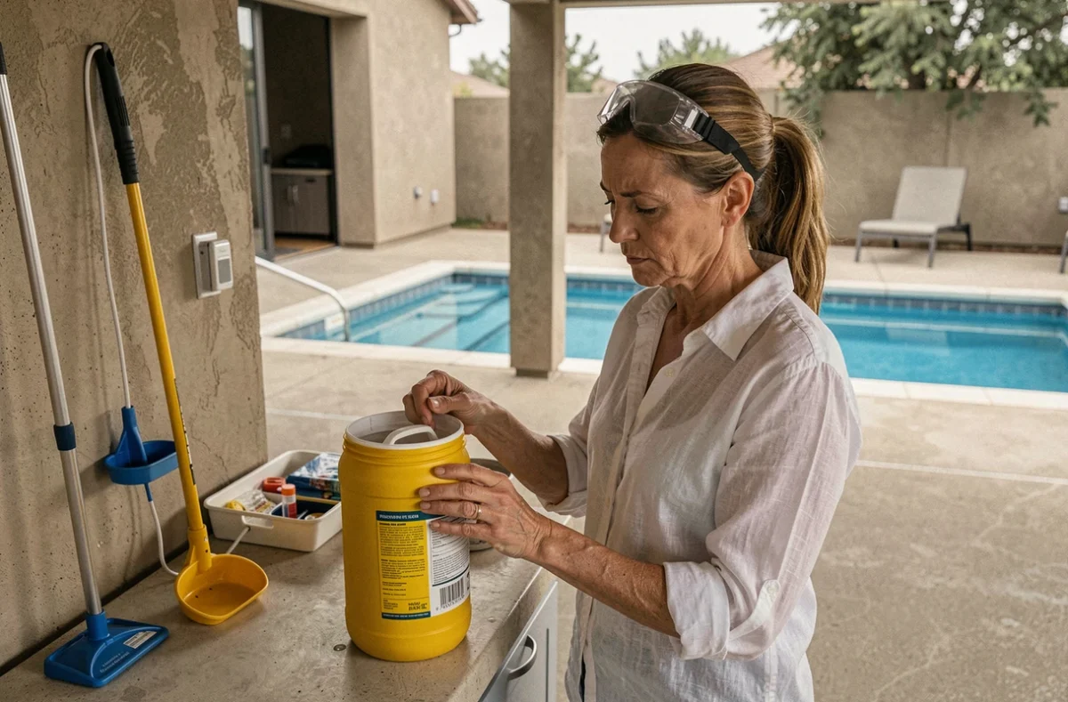 Femme lisant les instructions de dosage du chlore choc sur un emballage de produit piscine