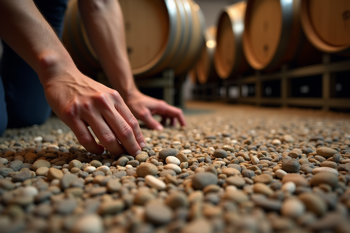 Main manipulant des gravier dans une cave à vin