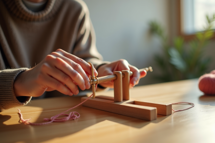 Mains utilisant un winding yarn sur une table en bois clair