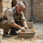 Maçon mélangeant chaux et sable en extérieur pour restauration