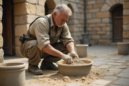 Maçon mélangeant chaux et sable en extérieur pour restauration
