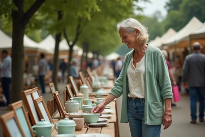 Femme souriante achetant des objets vintage au marché en Yvelines