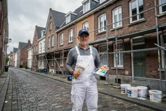 Peintre en bâtiment professionnel devant une façade rénovée dans les Hauts-de-France