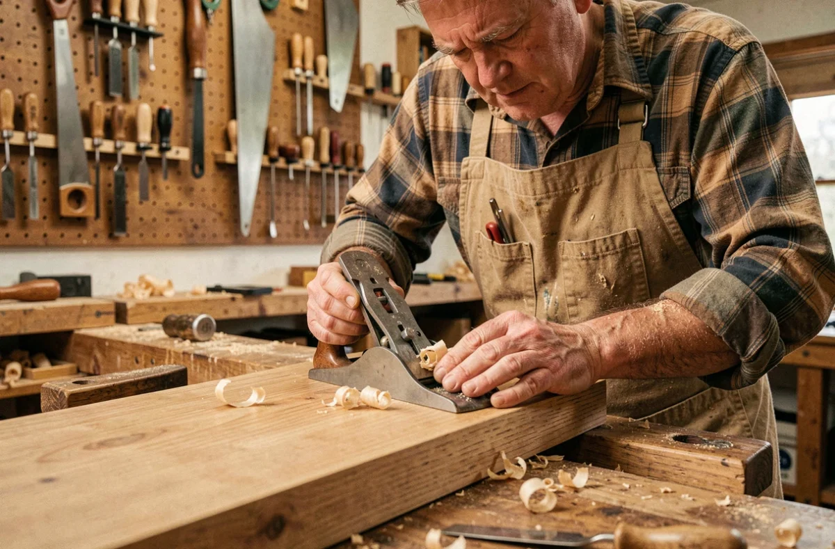 Menuisier expérimenté utilisant un rabot à main sur une planche de chêne dans un atelier traditionnel, illustrant la précision des outils de menuiserie à main levée