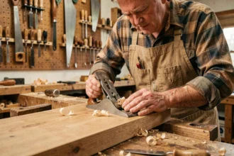 Menuisier expérimenté utilisant un rabot à main sur une planche de chêne dans un atelier traditionnel, illustrant la précision des outils de menuiserie à main levée