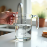 Personne mesurant 200 ml deau avec un verre doseur en cuisine