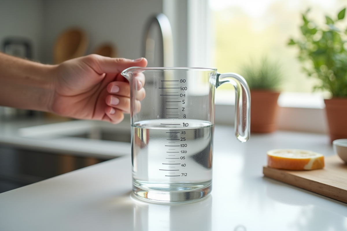 Personne mesurant 200 ml deau avec un verre doseur en cuisine