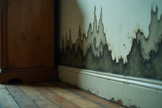 Taches de moisissures noires et vertes sur un mur humide derrière un meuble en bois dans un salon