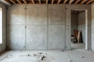 Mur de refend en béton apparent dans une maison en cours de rénovation, montrant sa structure portante du sol au plafond