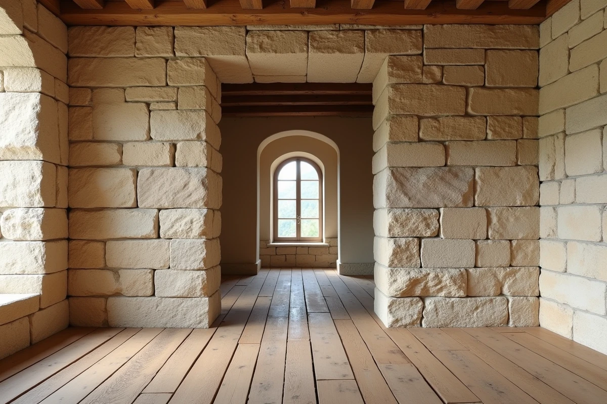 Mur de refend en pierre calcaire dans une maison ancienne française, montrant l'épaisseur et la profondeur d'une paroi portante traditionnelle