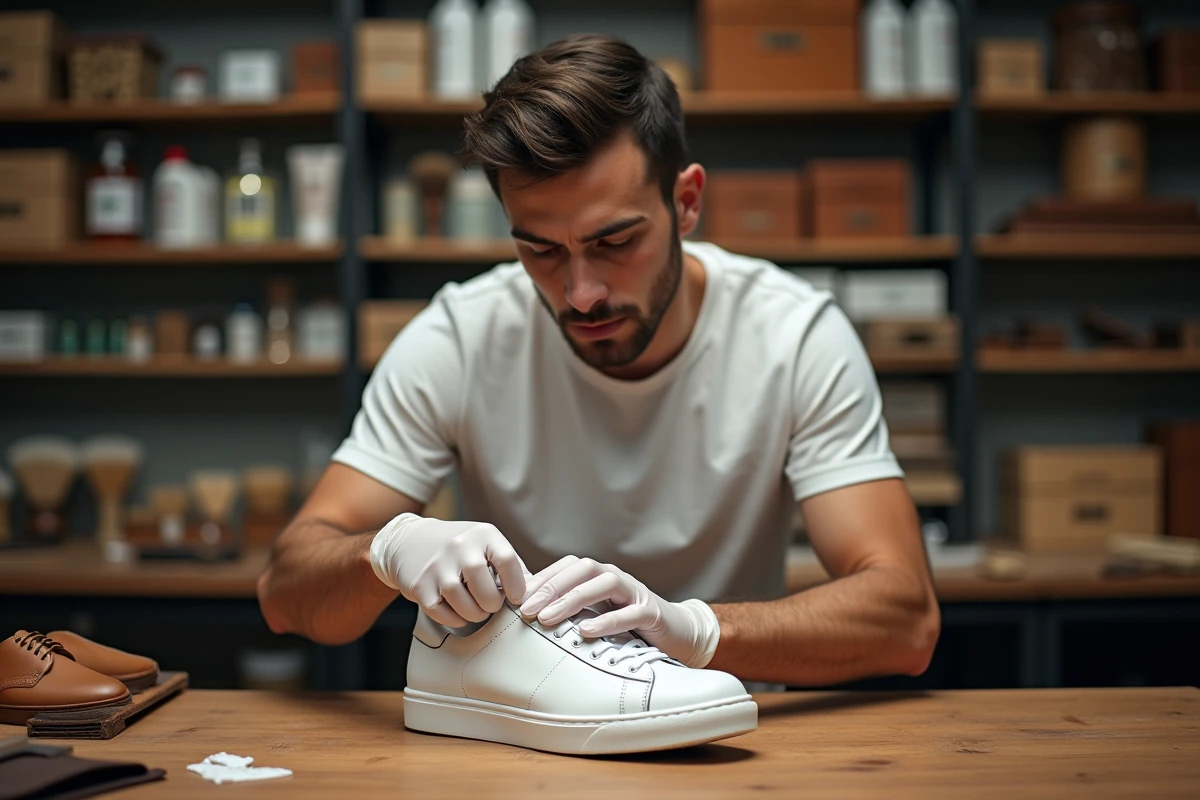 Jeune homme nettoyant sneakers en cuir blanc