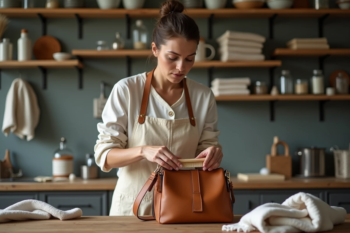Femme nettoyant un sac en cuir moisi avec une brosse douce sur un établi en bois