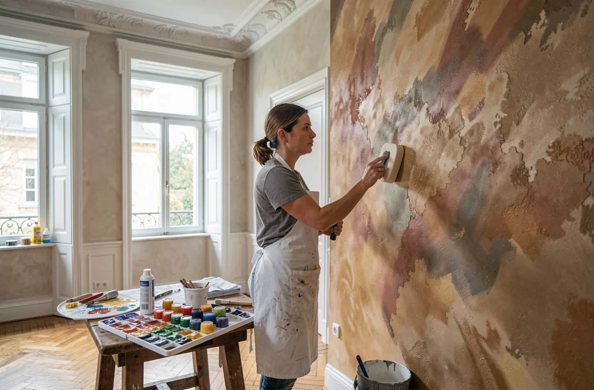 Spécialiste d'Oceans Peintures appliquant une technique de peinture décorative dans un intérieur rénové du Nord-Pas-de-Calais