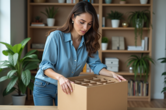 Jeune femme arrangeant des séparateurs dans une boîte de rangement