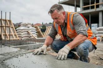 Ouvrier examinant une dalle de béton fraîchement coulée sur un chantier de construction résidentiel