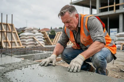 Ouvrier examinant une dalle de béton fraîchement coulée sur un chantier de construction résidentiel