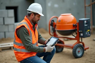Ouvrier sur chantier consultant une plateforme de location de matériel en ligne sur tablette