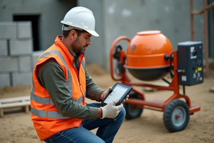 Ouvrier sur chantier consultant une plateforme de location de matériel en ligne sur tablette