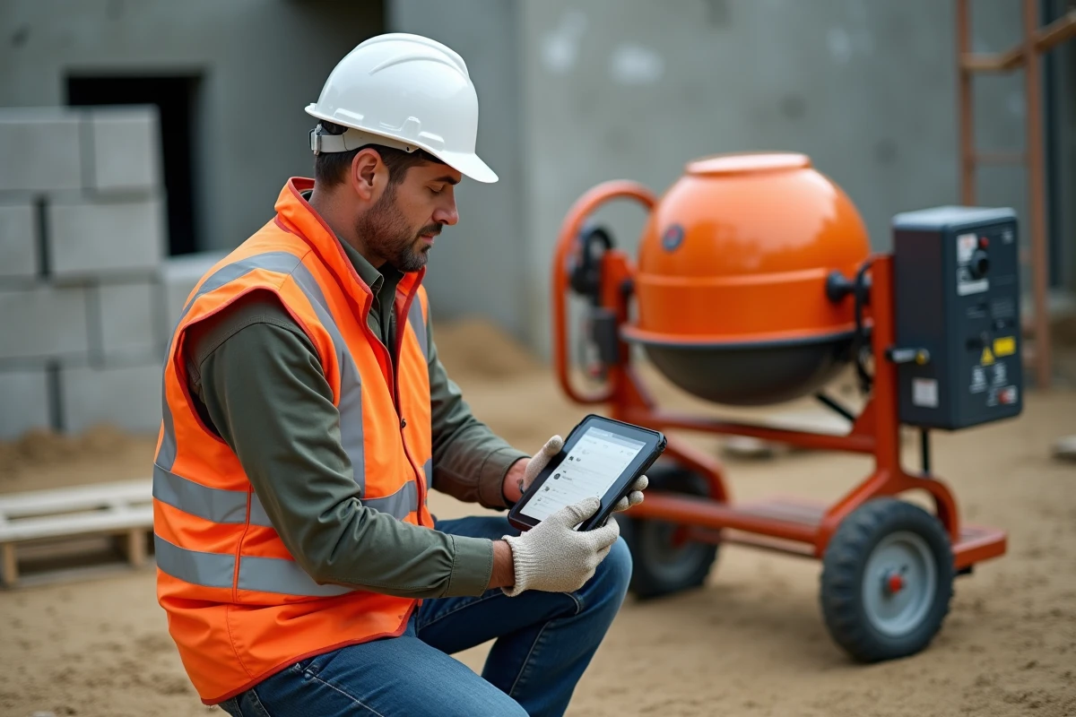 Ouvrier sur chantier consultant une plateforme de location de matériel en ligne sur tablette