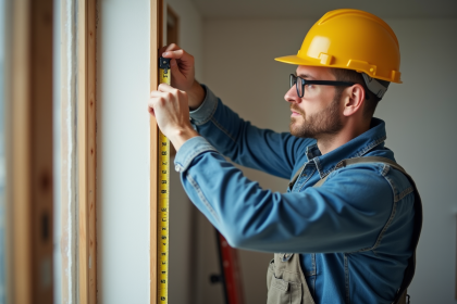 Homme en tenue de travail mesurant une fenêtre en bois neuve