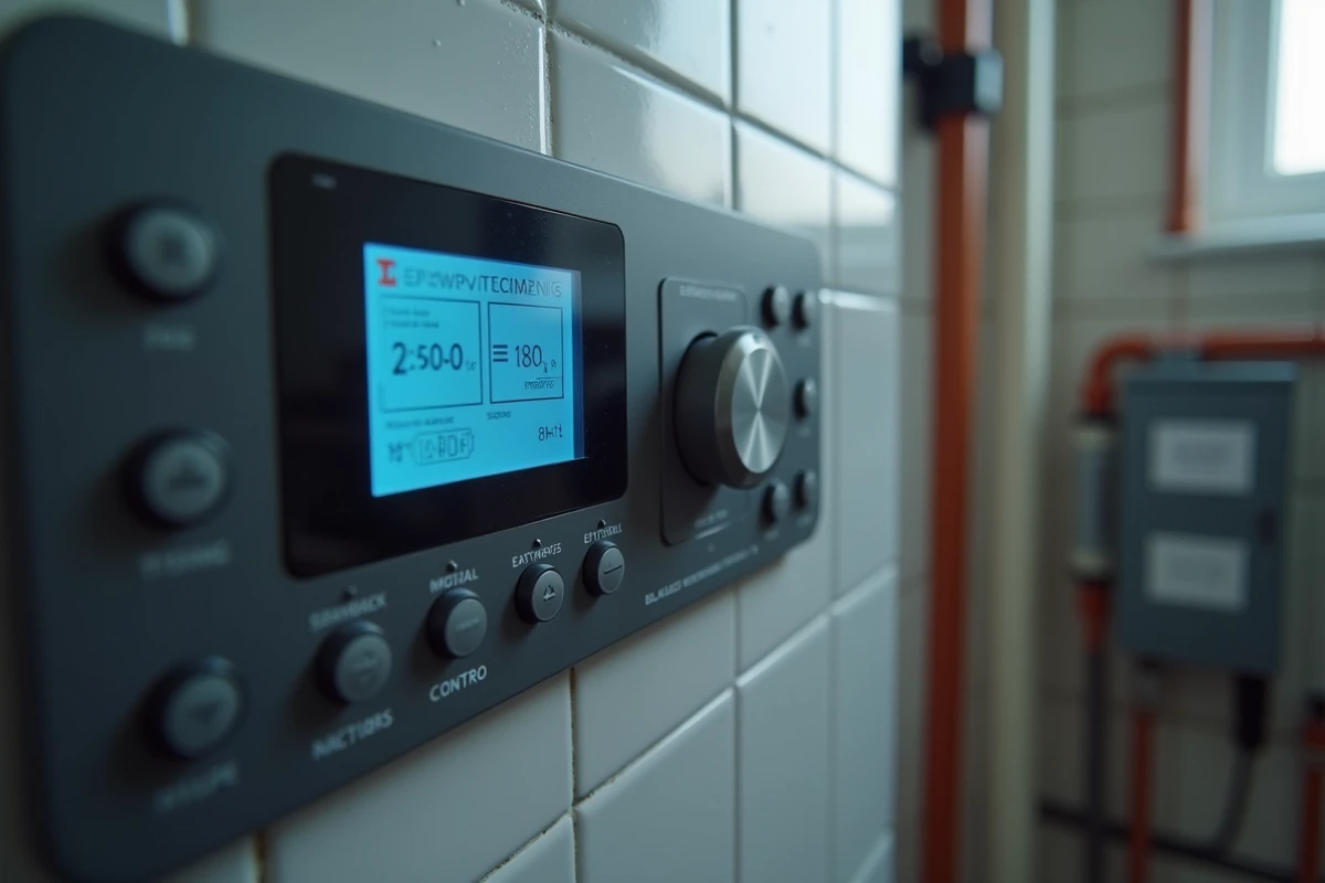 Panneau de commande numérique d'une chaudière électrique avec réglages de température et programmation horaire
