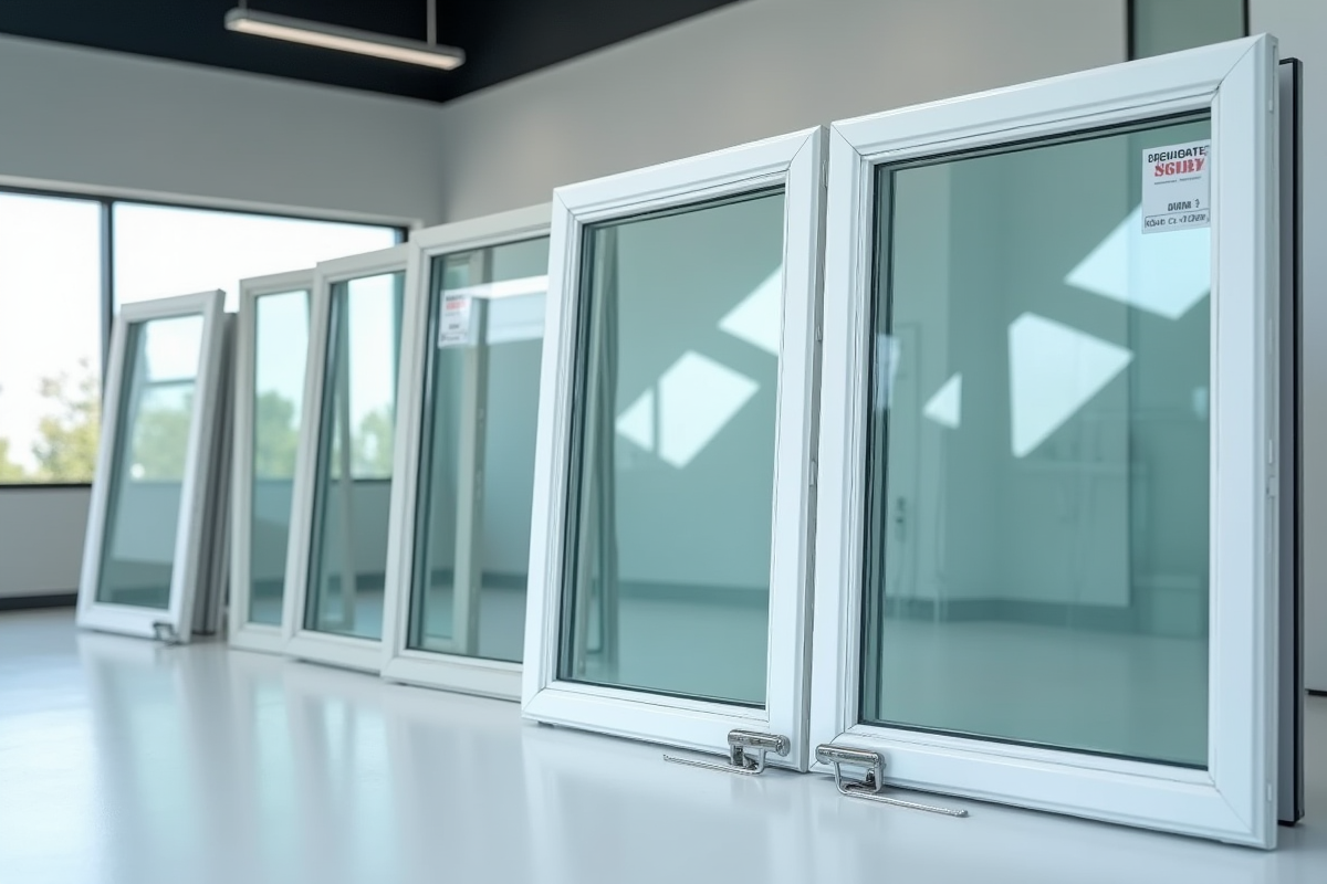 Plusieurs panneaux de fenetre double vitrage en exposition dans un showroom lumineux