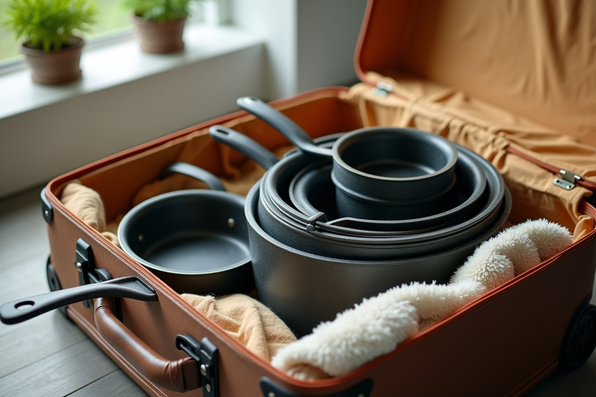 Casseroles empilees dans une valise avec vetements protecteurs