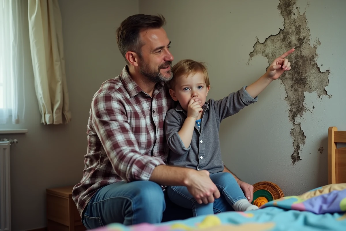 Père rassurant sa fille face à la moisissure dans la chambre