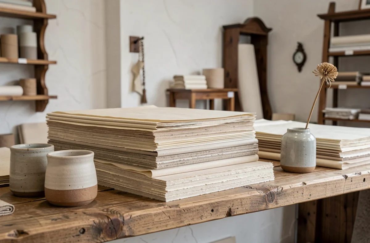 Présentation de papiers beige et écru de différentes textures sur une étagère en bois dans une papeterie chic et élégante
