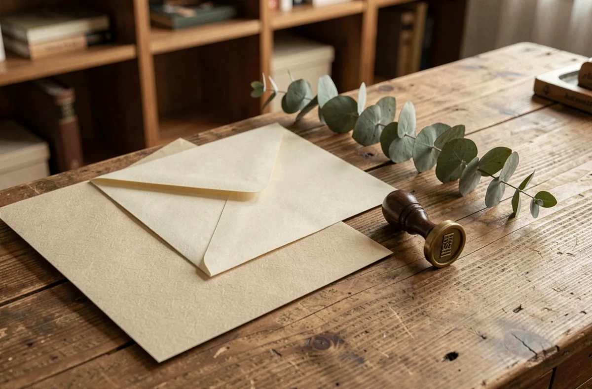 Mise en scène flat lay avec du papier beige texturé, enveloppe crème et cachet de cire sur un bureau en chêne pour une ambiance chic et douce