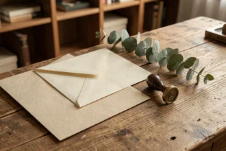 Mise en scène flat lay avec du papier beige texturé, enveloppe crème et cachet de cire sur un bureau en chêne pour une ambiance chic et douce