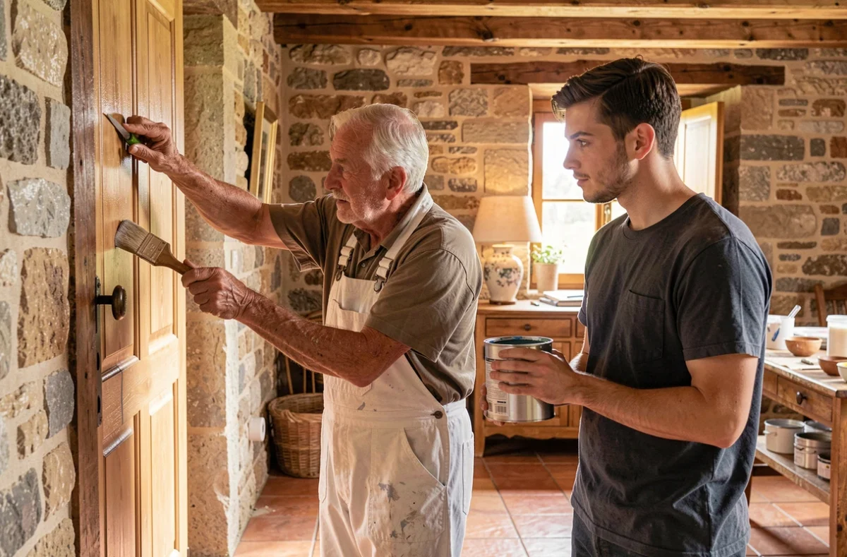 Artisan de Peintures Lefebvre, entreprise familiale, travaillant avec un apprenti dans un intérieur rural de la Somme