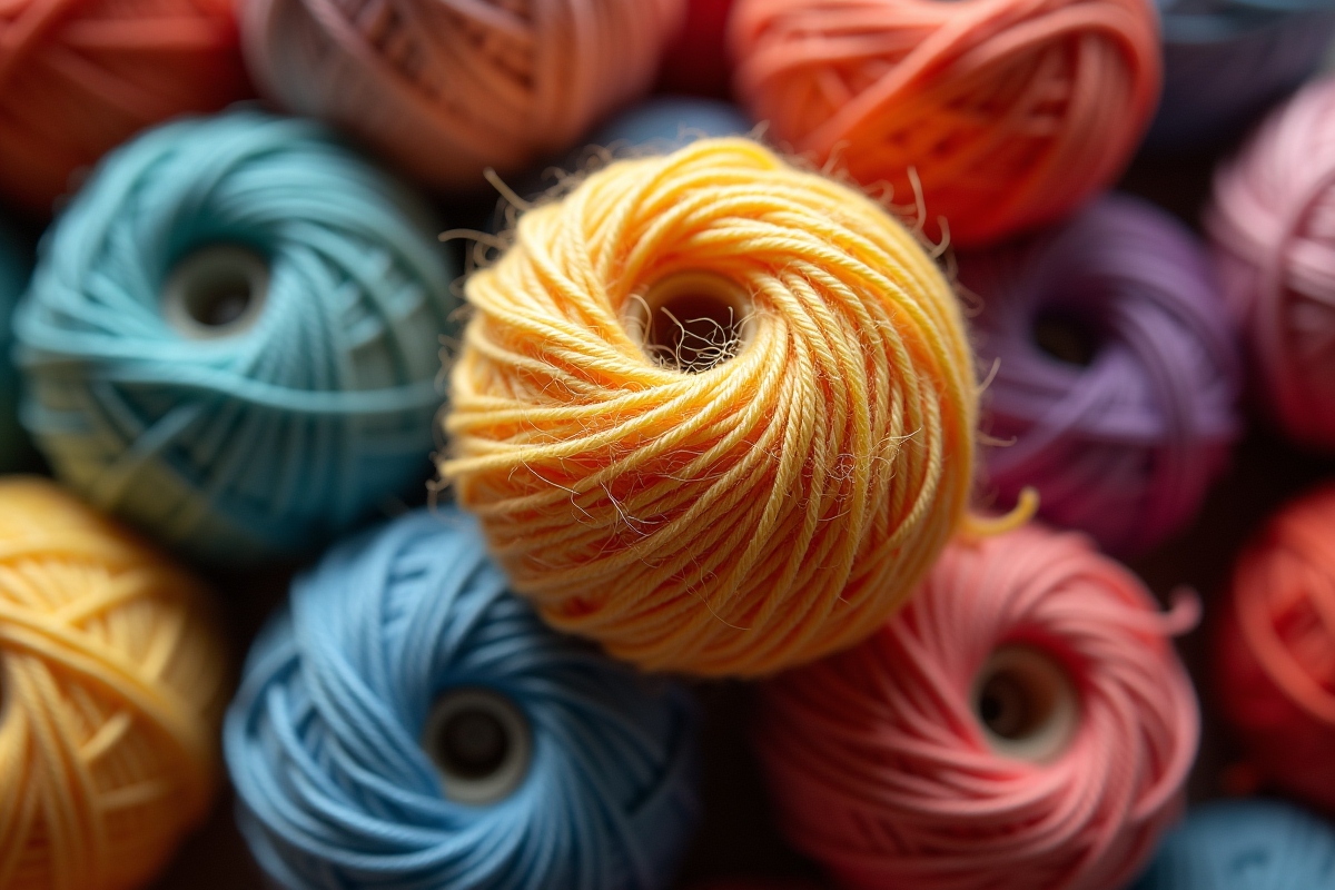 Pelote de laine fraîche avec skeins organisees en haut