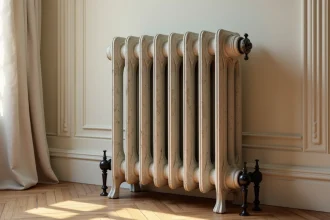 Radiateur en fonte ancien posé sur des pieds en fer forgé noir sur parquet chêne dans appartement haussmannien