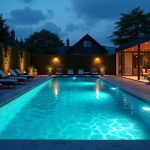 Piscine moderne en soirée avec éclairage chaleureux
