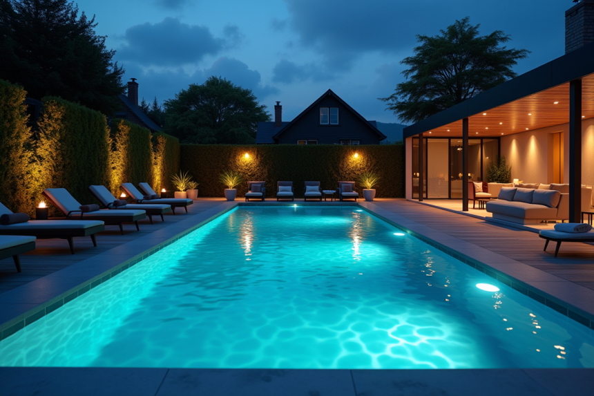 Piscine moderne en soirée avec éclairage chaleureux