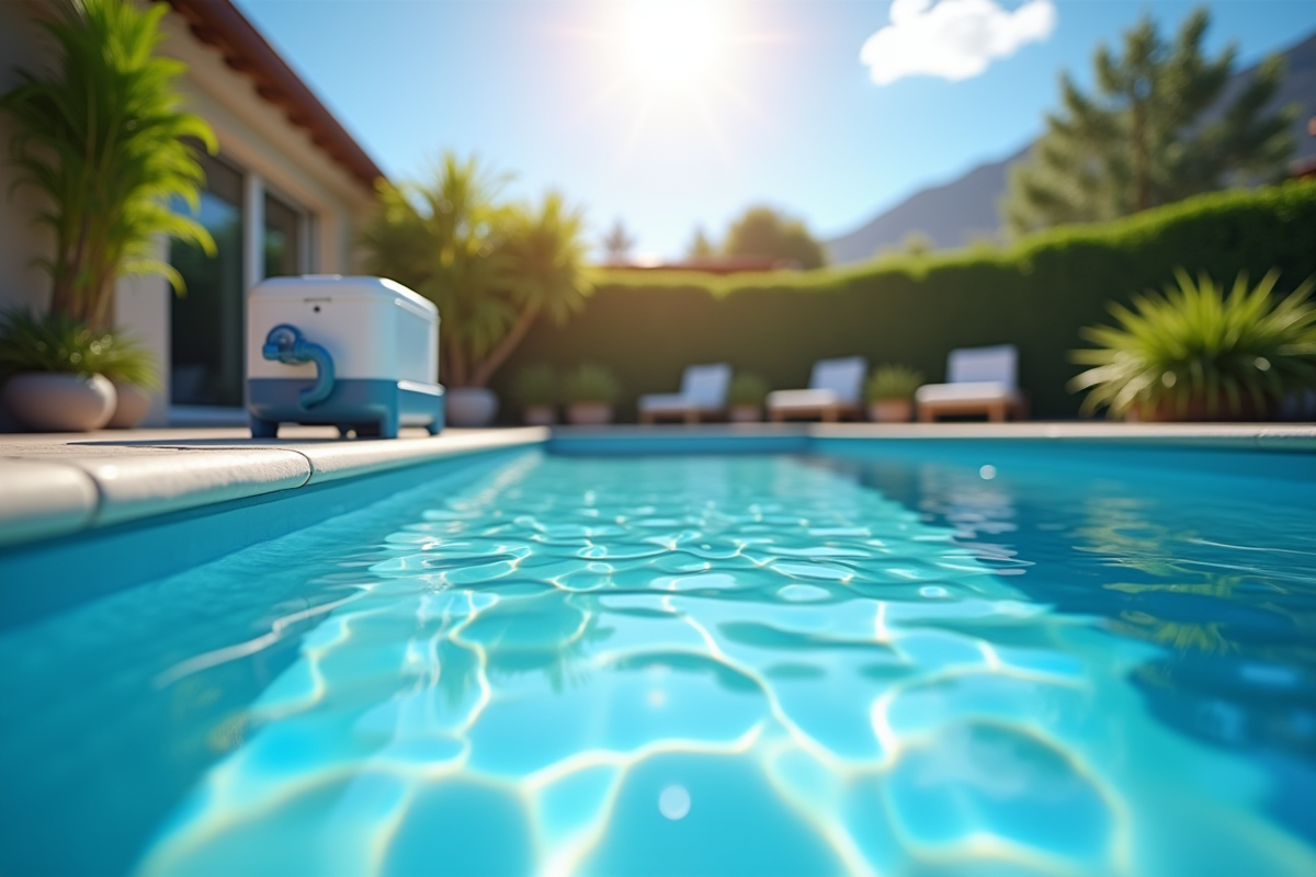 Piscine extérieure moderne avec filtre automatique et plantes vertes
